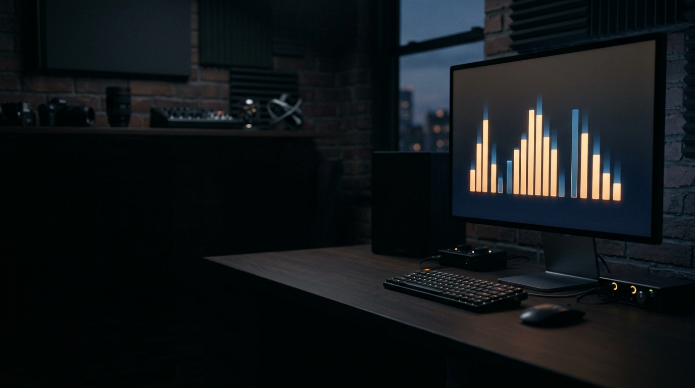 A dark editing desk with a glowing bar chart on the monitor